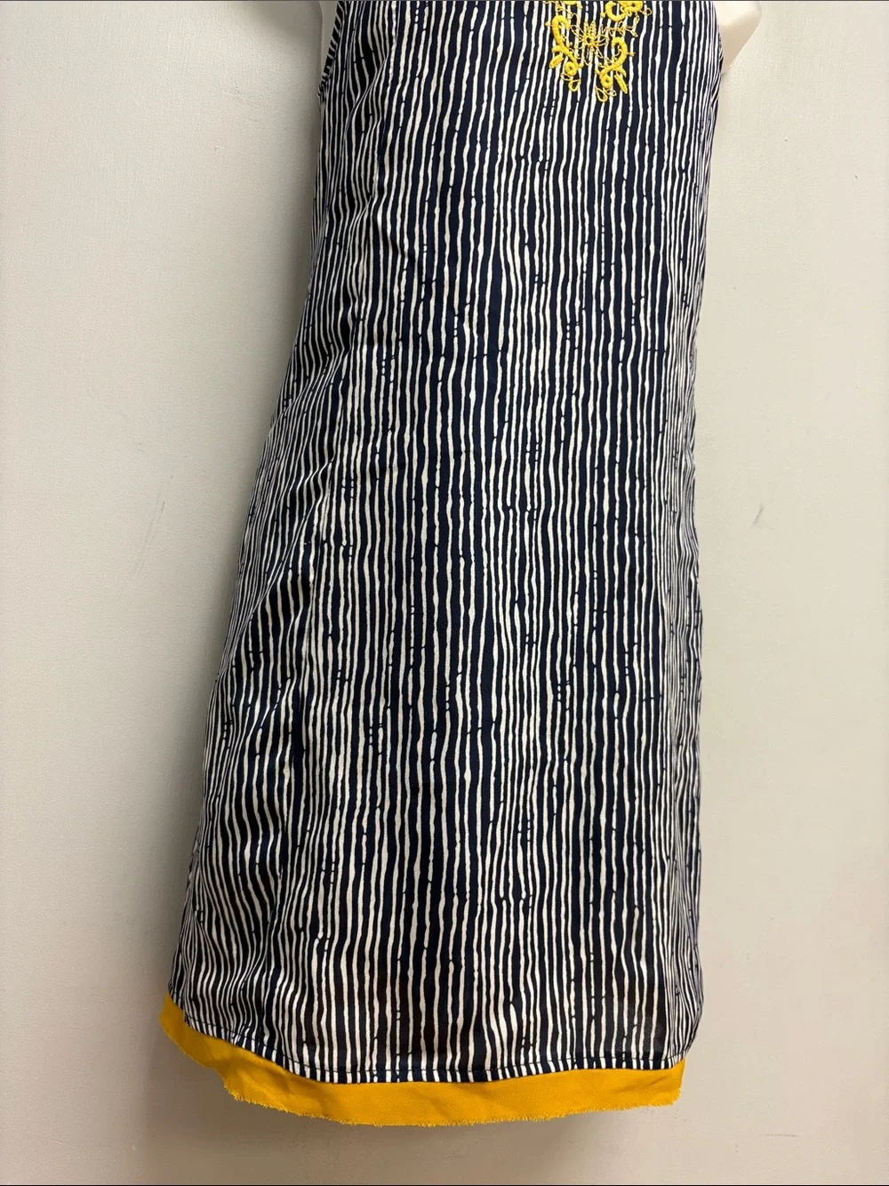 THML Embroidered Striped Shift Dress Navy & White with Mustard Embroidery Medium - Picture 4 of 12